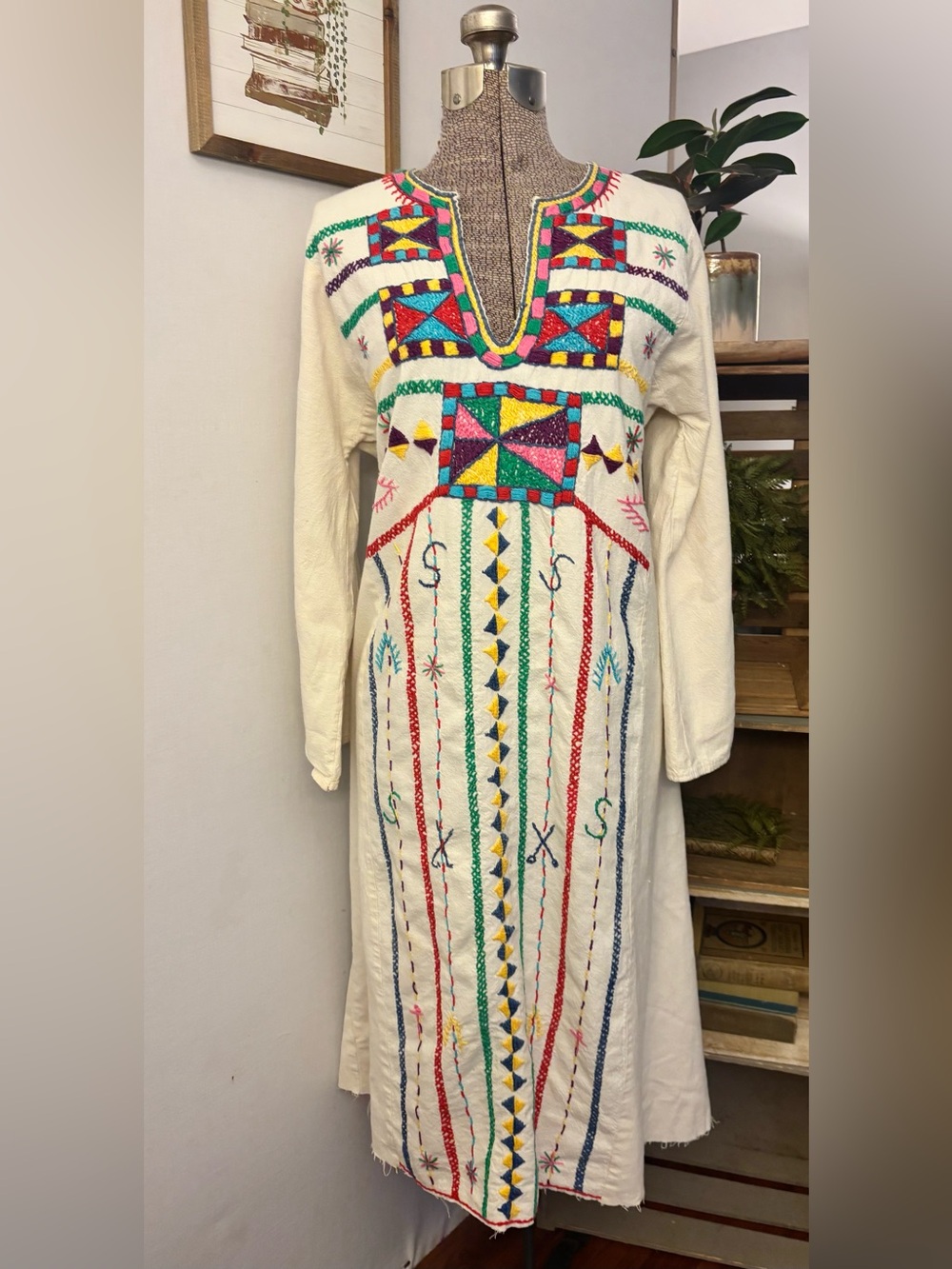 Vintage 1970s Egyptian Hand Sewn Embroidered Kerdasa Kaftan Dress Cotton OS